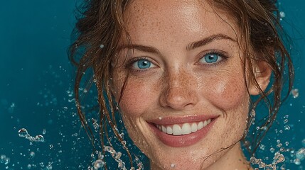 Closeup of smiling model with water splashes on face Skincare and moisturizing under blue background Beauty face concept