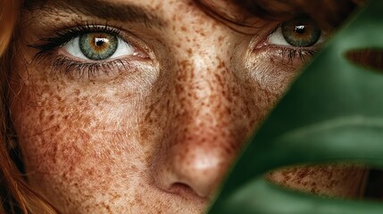 Closeup of womans face with green leaf Natural makeup and freckles Beauty portrait with leaf texture