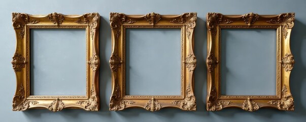Three ornate antique picture frames, gray background, style, shadow, border