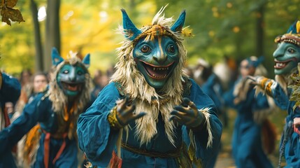 Colorful, fantastical figures in elaborate costumes.