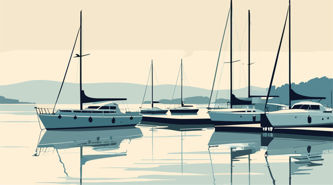 Vector illustration of sailboats docked on calm water with reflections. Peaceful nautical scene with boats of various sizes under a serene sky. Perfect for marine and coastal designs