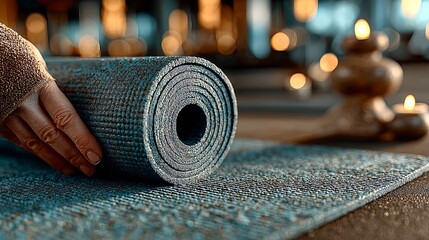 Closeup of womans hands rolling yoga mat on gym floor Fitness preparation at sport club exercise start concept with calm setting