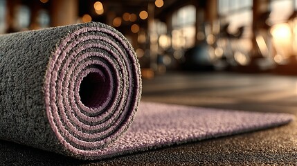 Closeup of womans hands rolling yoga mat on gym floor Fitness preparation at sport club exercise start concept with calm setting