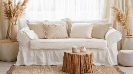 Fototapeta premium A comfortable, light-filled living room featuring a white linen sofa.