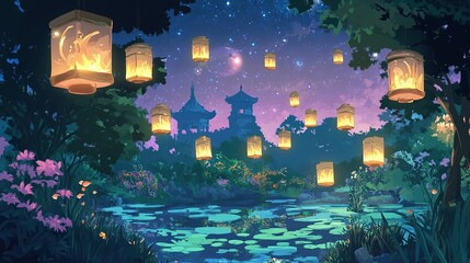 Obraz premium Night scene of a tranquil garden with glowing lanterns hanging from trees, floating in the air, and illuminating a pond and traditional buildings under a starry sky