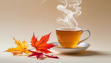 Autumn still life, transparent cup with hot tea and autumn leaves nearby, autumn mood