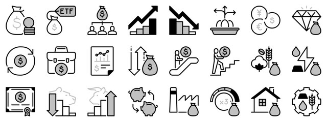 Icons in two tones about investment fund. Financial concept.