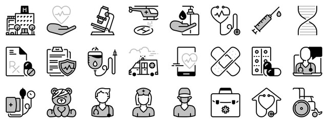 Icons in two tones  about hospital and medical care