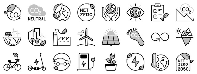 Icons in two tones about net zero. Sustainable development.