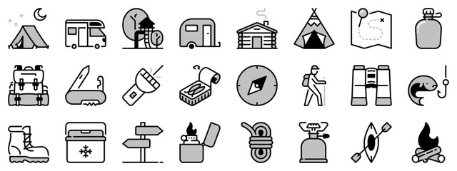 Icons in two tones about outdoor - camping
