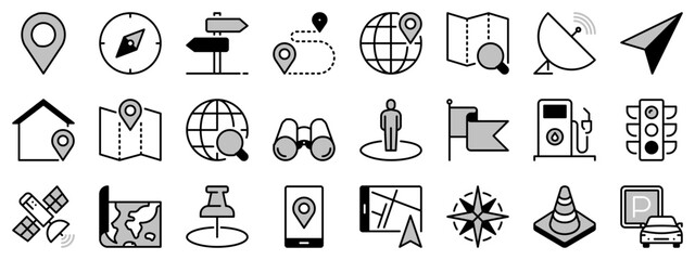 Icons in two tones about navigation. Technology concept.