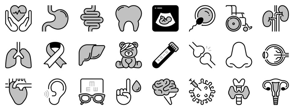 Icons in two tones about medical specialties. Health care