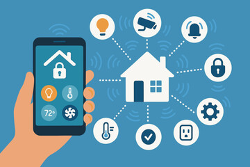 Smart Home Control. Vector illustration of smart home system controlled via smartphone with icons of connected devices, app
