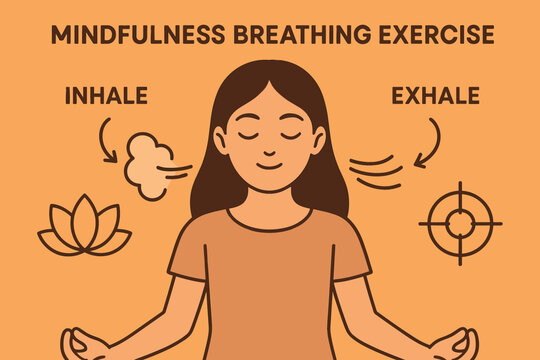 Mindful Breathing Illustration. Vector illustration of mindfulness breathing exercise with slow inhale-exhale visuals, focus icons