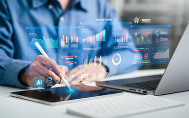 An analyst uses Data analytics automated with AI technology. Dashboard report, operations charts, KPI insights. and SEO. Big Data technology, Business analysis and artificial intelligence automation.