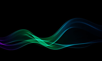 Abstract neon wave with green, blue, and violet glow on black