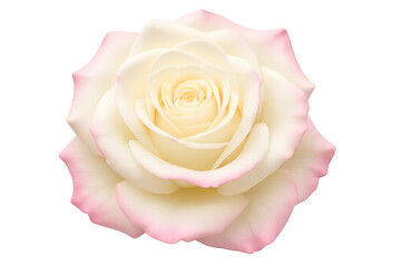 Pristine cream hybrid tea rose blooming, soft pink-edged petals unfurling elegantly against transparent backdrop