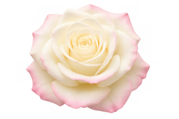 Pristine cream hybrid tea rose blooming, soft pink-edged petals unfurling elegantly against transparent backdrop