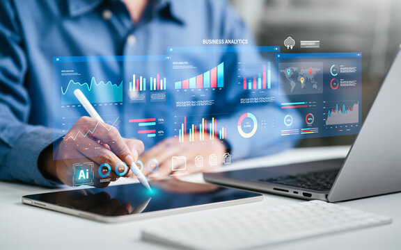 An analyst uses Data analytics automated with AI technology. Dashboard report, operations charts, KPI insights. and SEO. Big Data technology, Business analysis and artificial intelligence automation.