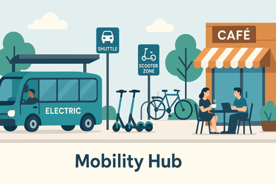 Urban Mobility Hub. Vector illustration of a mobility hub combining electric shuttle stop, scooter zone, bike parking, and café