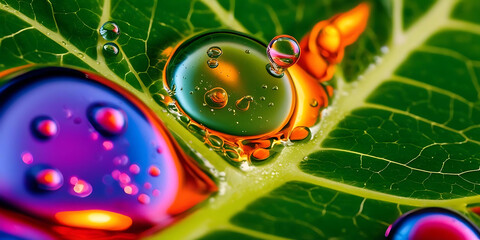 Macro Shot of Dew Drops on Leaf with Bright Hues

