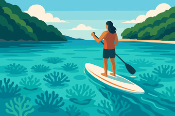 Paddleboarding by Coral Cove. Vector illustration of paddleboarder gliding past coral in shallow turquoise water near a quiet cove