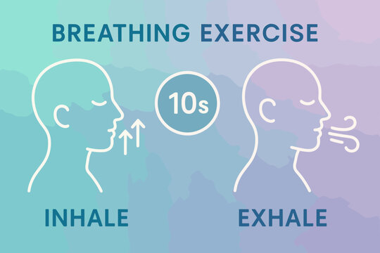 Breathing Exercise Guide. Vector illustration of breathing exercise guide with inhale/exhale icons, timer, and calm color