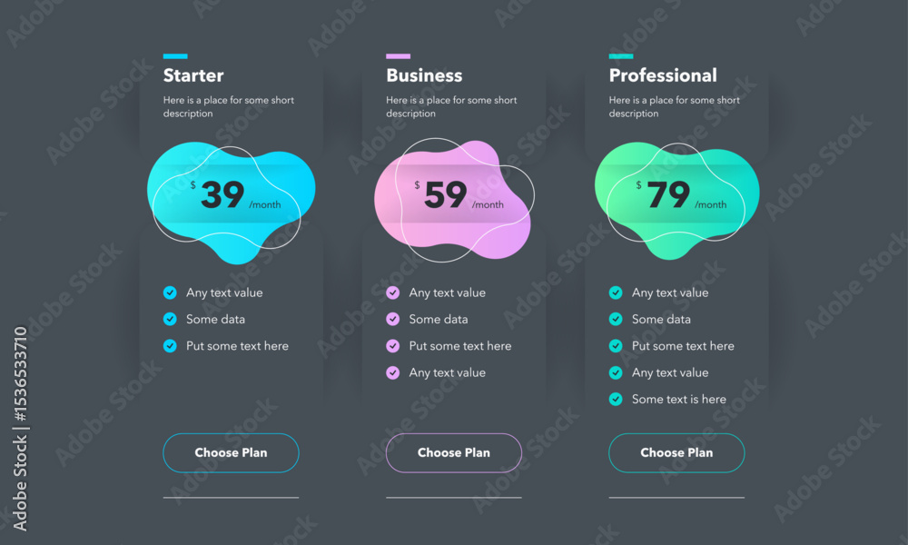 Poster Pricing table design with three colorful subscription plans - dark version. Flat infographic design template for website or presentation.