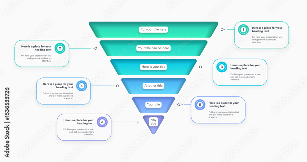 Poster Modern funnel chart template with 6 colorful sections. Creative diagram divided into six parts with numbers and place for your content.