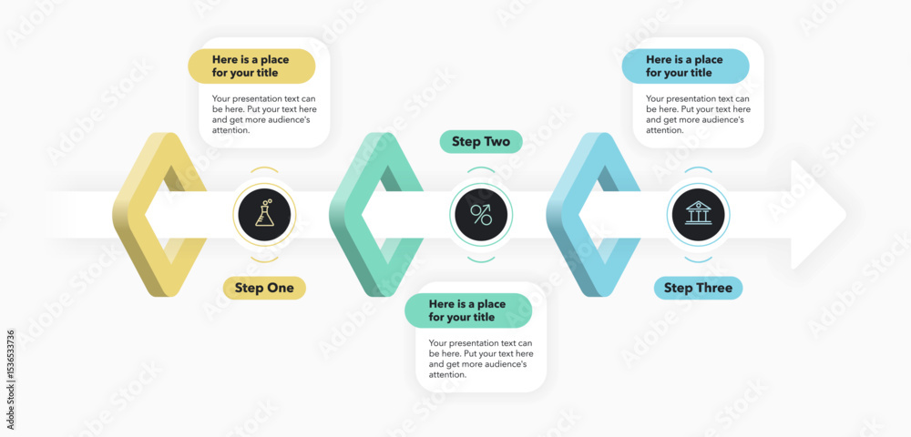 Poster Horizontal process flow diagram with three steps. Flat presentation template with an arrow and minimalistic icons for data visualization.