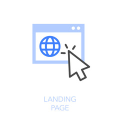 Simple visualised landing page icon symbol with a web browser and a clicking mouse cursor.