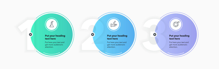 Infographic label design template with three options or steps. Flat circular process diagram with numbers and icons for workflow layout, presentation or web design.