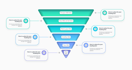 Modern funnel chart template with 6 colorful sections. Creative diagram divided into six parts with numbers and place for your content.