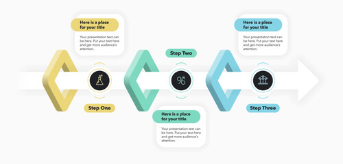 Horizontal process flow diagram with three steps. Flat presentation template with an arrow and minimalistic icons for data visualization.