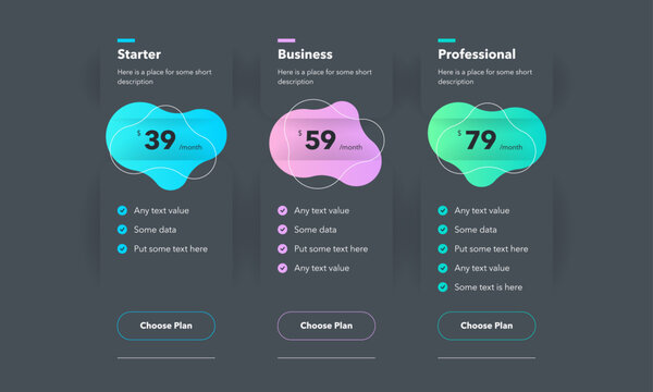 Pricing table design with three colorful subscription plans - dark version. Flat infographic design template for website or presentation.