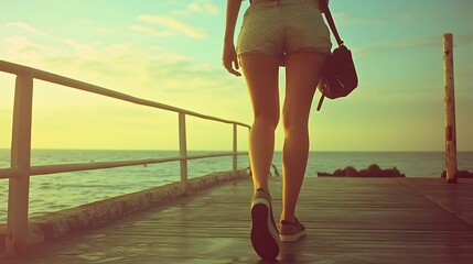 Woman walking along a seaside pier at sunset.