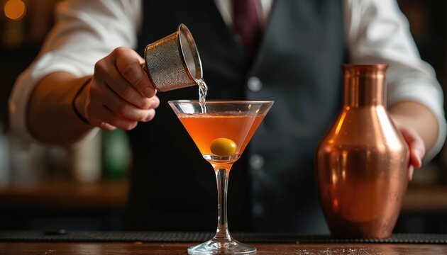 Bartender pouring martini into glass with strainer. Copper shaker at the bar. Classic cocktail olive. Barman preparing drink. Nightlife, eatery, restaurant.