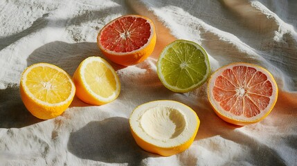 A vibrant still life featuring fresh, sliced, and whole citrus fruits like grapefruit, lemon, and oranges, arranged on a textured fabric