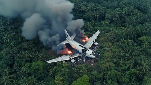 High-angle aerial view of a dramatic passenger plane crash site with fire and smoke in a dense tropical jungle