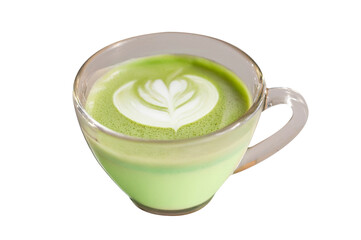 Glass cup of matcha latte with heart art
