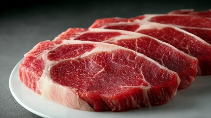 Obraz premium Prime Cuts of Fresh Red Marble Beef Slices and Raw Angus Ribeye Steaks Ready for the Grill
