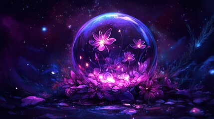 Luminescent purple flowers encapsulated within a vibrant, translucent sphere, nestled amongst glowing flora against a dark, starry backdrop