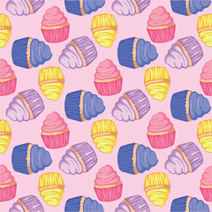 Seamless pattern with colorful cupcakes. Vector illustration on pink background.
