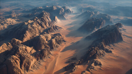aerial shot over Wadi Rum Cliffs deep