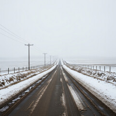 Naklejka premium country road with telephone poles fading into snowy fog