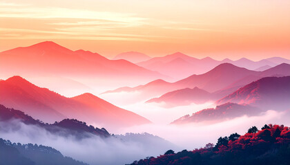 Fototapeta premium 朝焼けに染まる幻想的な山並み
