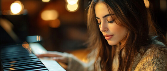 Young woman playing piano in a warm atmosphere. Useful for music schools and advertising of musical instruments.