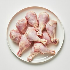 A plate filled with raw chicken drumsticks isolated white background