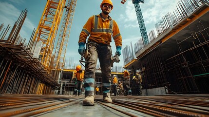 Naklejka premium Construction Worker on Site High Angle View of a Male Builder at a Modern Building Site