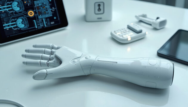Futuristic prosthetic arm with smart technology elements in modern workspace. Robotic hand digital interface, innovative tech for bioengineering advancement. Artificial intelligence, ergonomics,